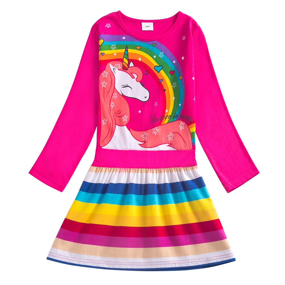 

Jxs Neat Girls Long Sleeve Dresses Unicorn Cotton Rainbow Stripe Cartoon Pony Casual Clothes for Kids 3-8 Years