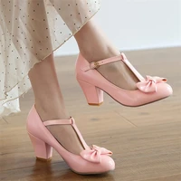 sweet lolita shoes pink t strap high heels women pumps mary jane shoes for women buckle strap block heel bow shoes black yellow