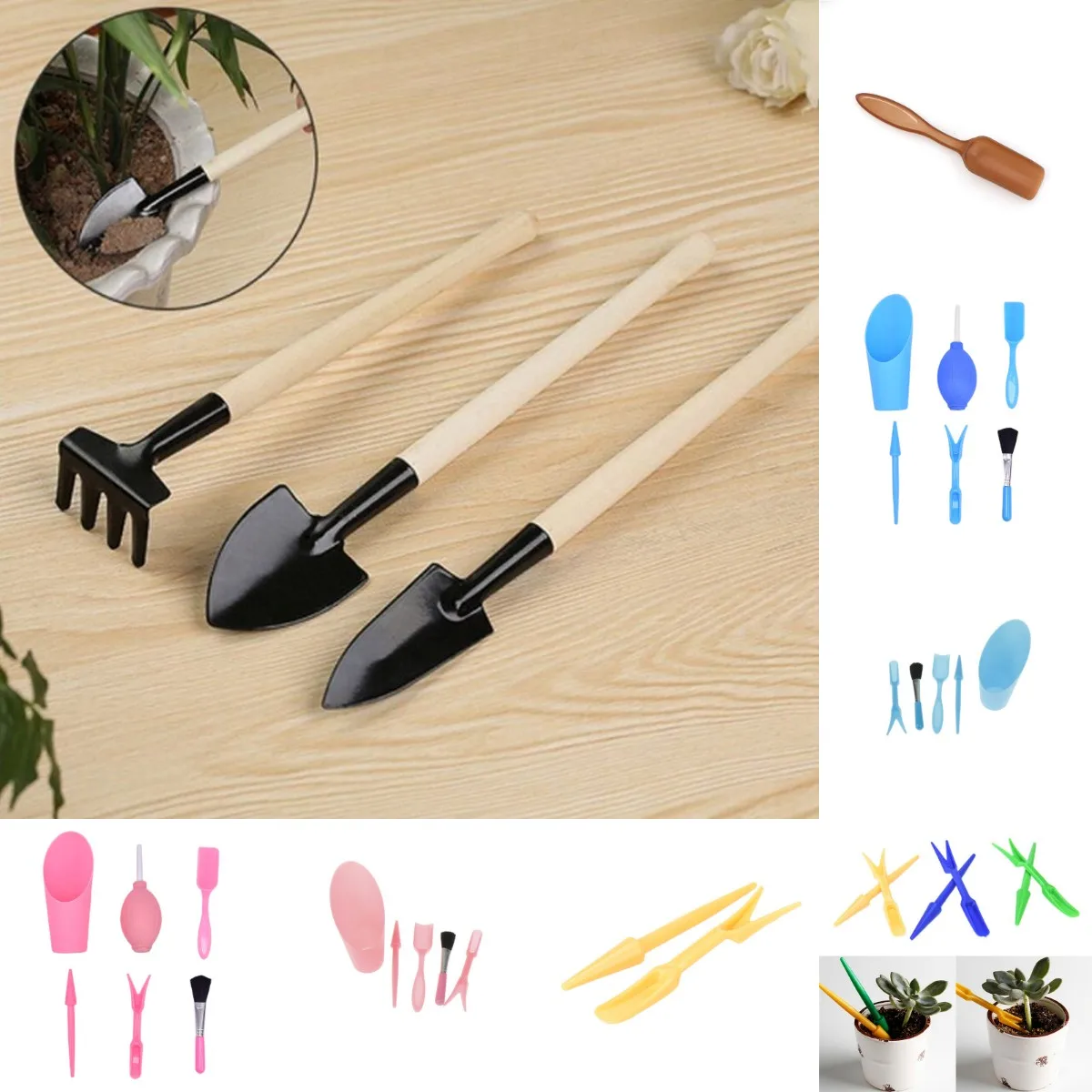 

1Set Mini Shovel Rake Spade Bonsai Tools Set Wooden Handle Metal Head For Flowers Potted Plant Mini Garden Tool