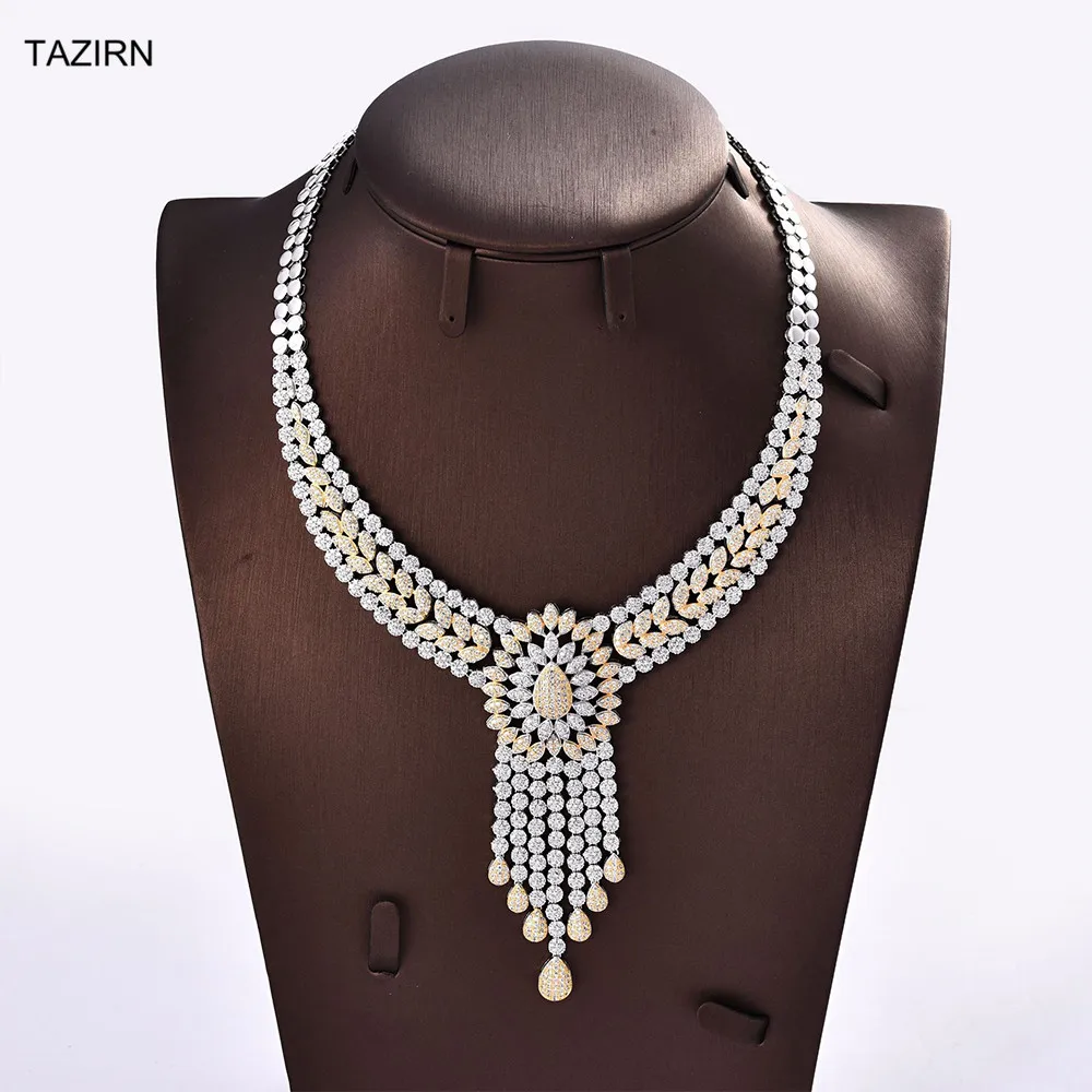 

Luxury Full Zircon Dubai Bridal Jewelry Set 5A Cubic Zirconia Necklace Dangle Earrings Bracelet and Ring Gift Set fit with dress