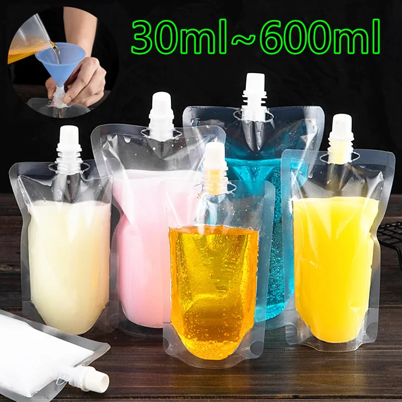 Bolsas transparentes con boquilla para bebidas, bolsas de pl&aacute;stico para fiesta, boda, zumo de fruta, cerveza con embudos, 30ml ~ 100 ml, 600 Uds.-0