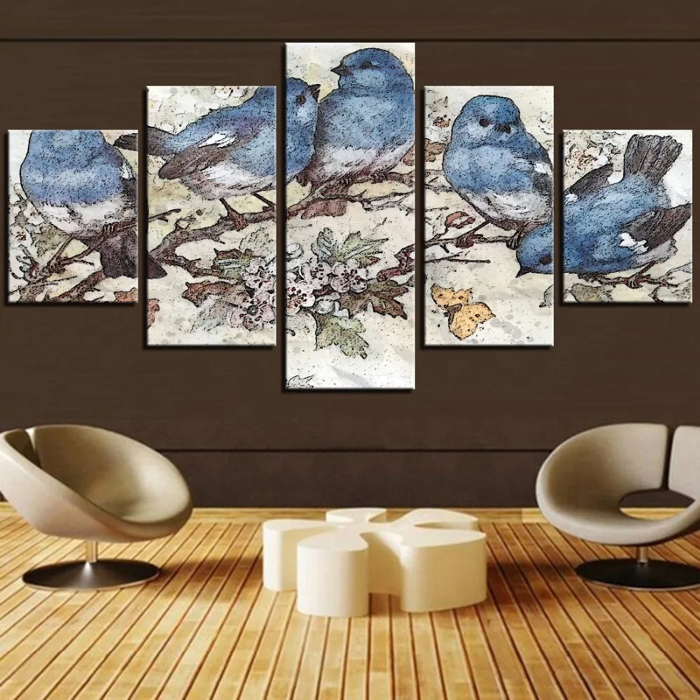 

5 Pieces Blue Birds Canvas Wall Art Oil Painting Animals Poster Modern Chinese Style Pictures For Bedroom Improvement Decor