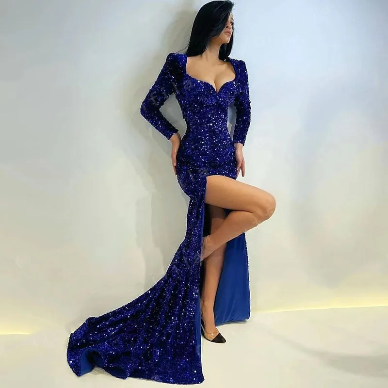 

Sequins Beaded Mermaid Prom Pageant Dresses 2021 Sexy Long Sleeve Sparkly High Slit Evening Formal Dress Robes de soirée