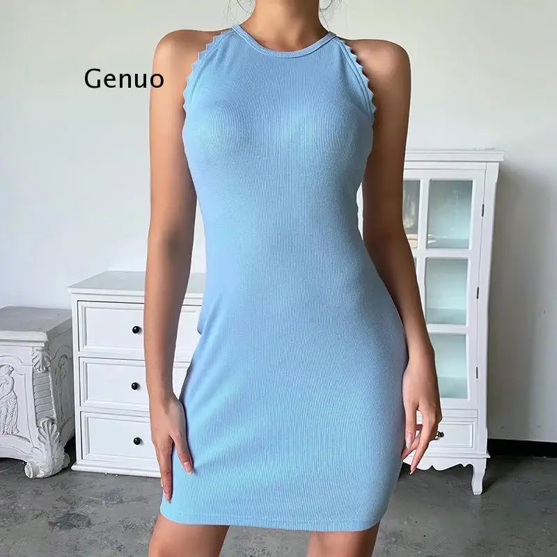 

Summer Sleeveless Bodycon Dresses Women Skinny Elastic O-Neck Knitted Sexy Party Dresses Lady Mini Dress Solid New 2021