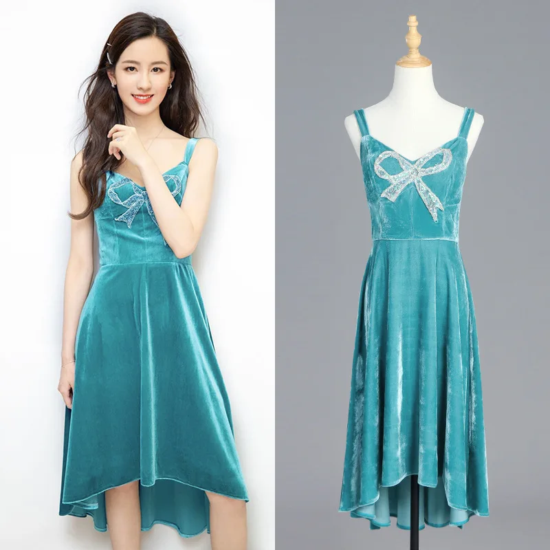 

suspender dress women New s versatile sexy fashion medium long velvet high waist