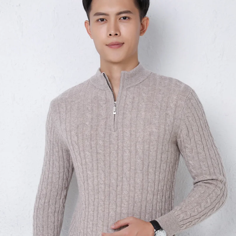 2021 Autumn Winter New Zipper Half High Neck Pure Cashmere Knit Plus Size Sweater Twist Thick Top 100%Wool Men's Slim Pullover