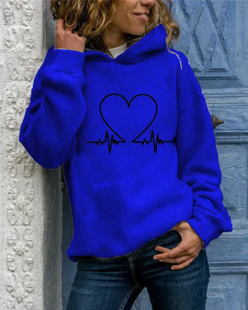

Women Hoodies Streetwear Hearts Print Pocket Long Sleeve Hooded Female Pullover Top Warm Soft Full Hooded