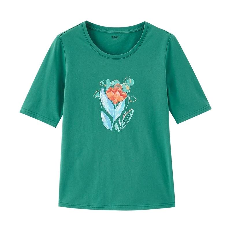 Женская хлопковая футболка с коротким рукавом круглым вырезом и вышивкой -