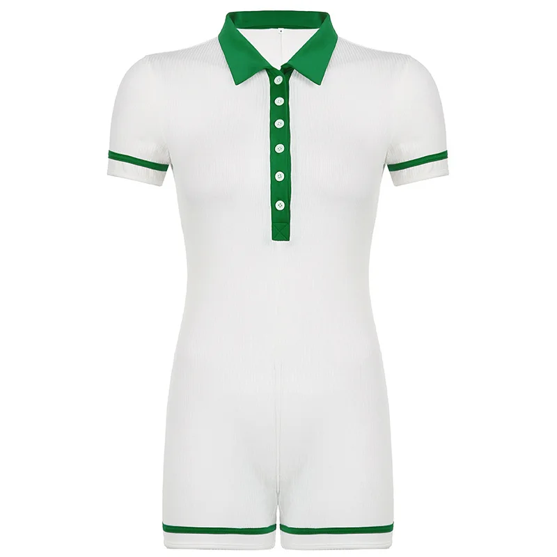 

2021 Summer Short Sleeve Romper Women V Neck Casual Fashion Bodysuits Patchwork Y2K Green Sexy Bodycon Blue Playsuits Ladies