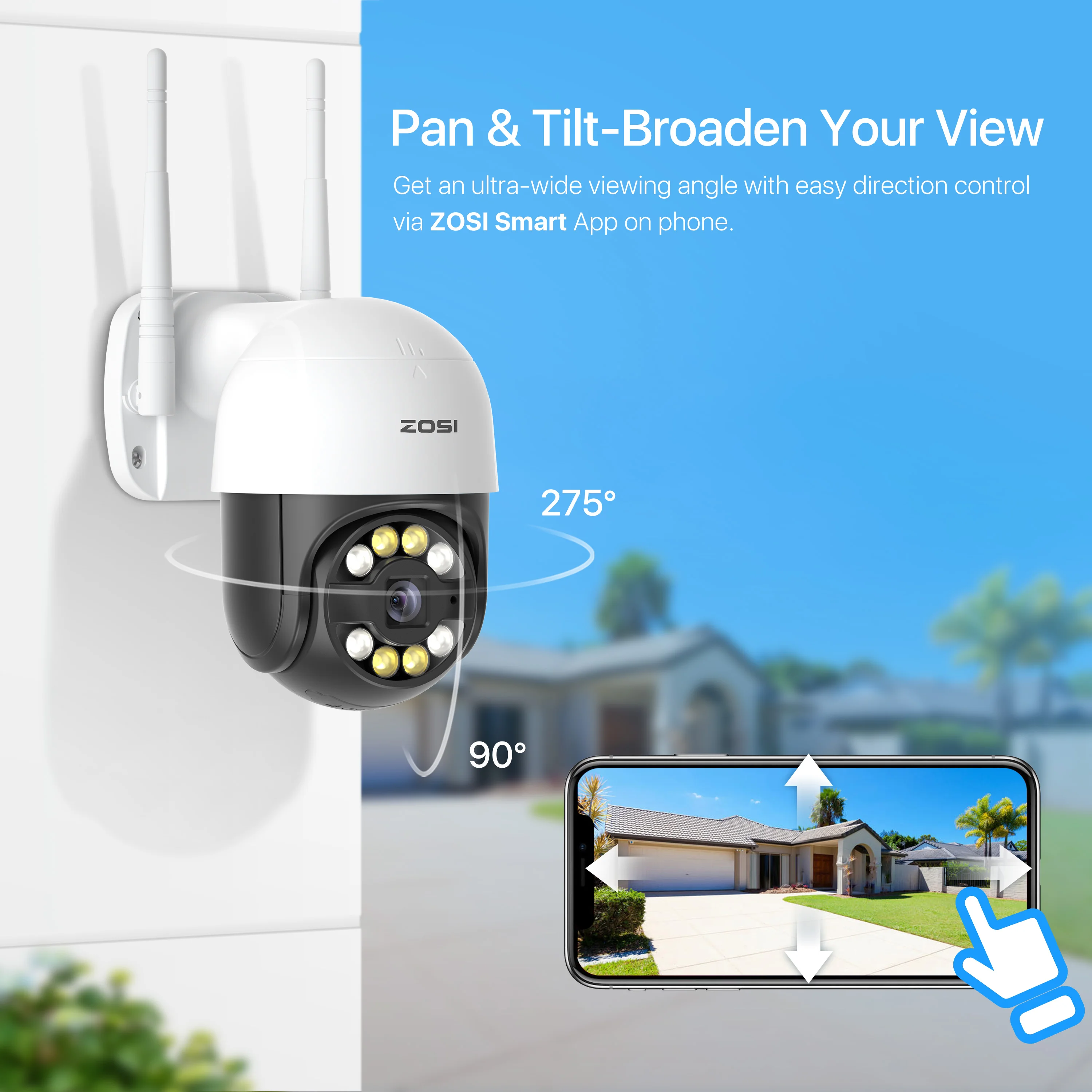 ZOSI 1080p наружная панорамная PTZ WiFi ip-камера с прожектором ИИ обнаружением человека