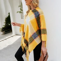 2021 fashion womens shawl cloak sweater new casual hot sale v neck pullover plaid stitching loose tassel knitted sweater