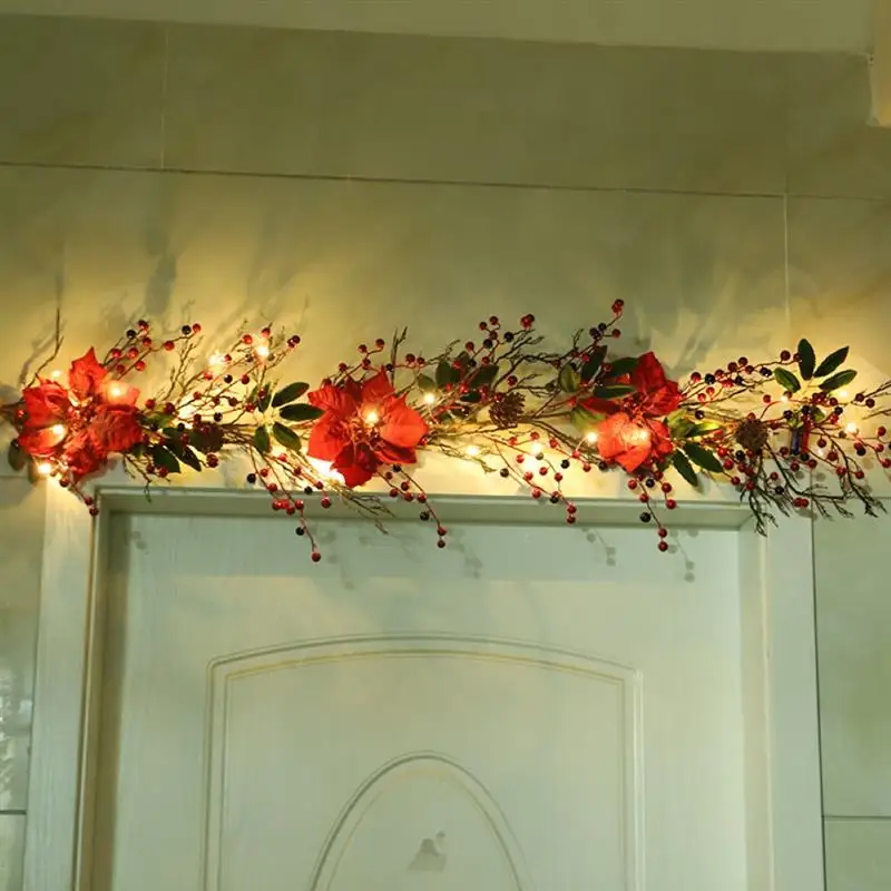 

Christmas Decoration Garland With Red Berry Pine Cone Poinsettia Flower Holly Leaves Vine Garland For Xmas Home Decor With Light