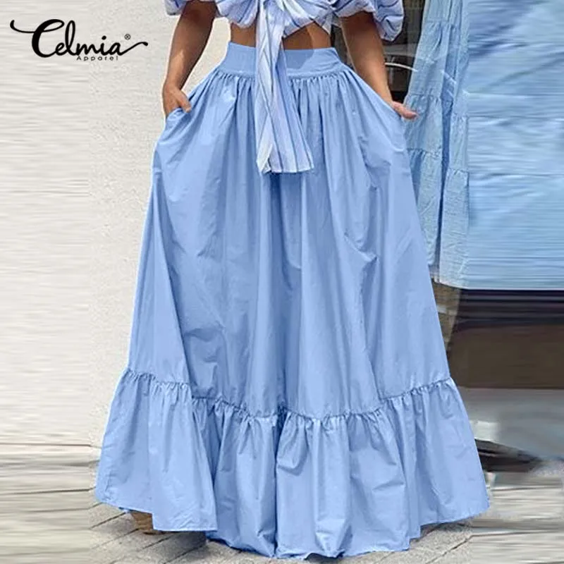 

Celmia Women's Casual Maxi Skirts Spring Autumn Elegant High Waist Ruffles Hem Long Jupes Fashion Pleated Stitching A Line Falda