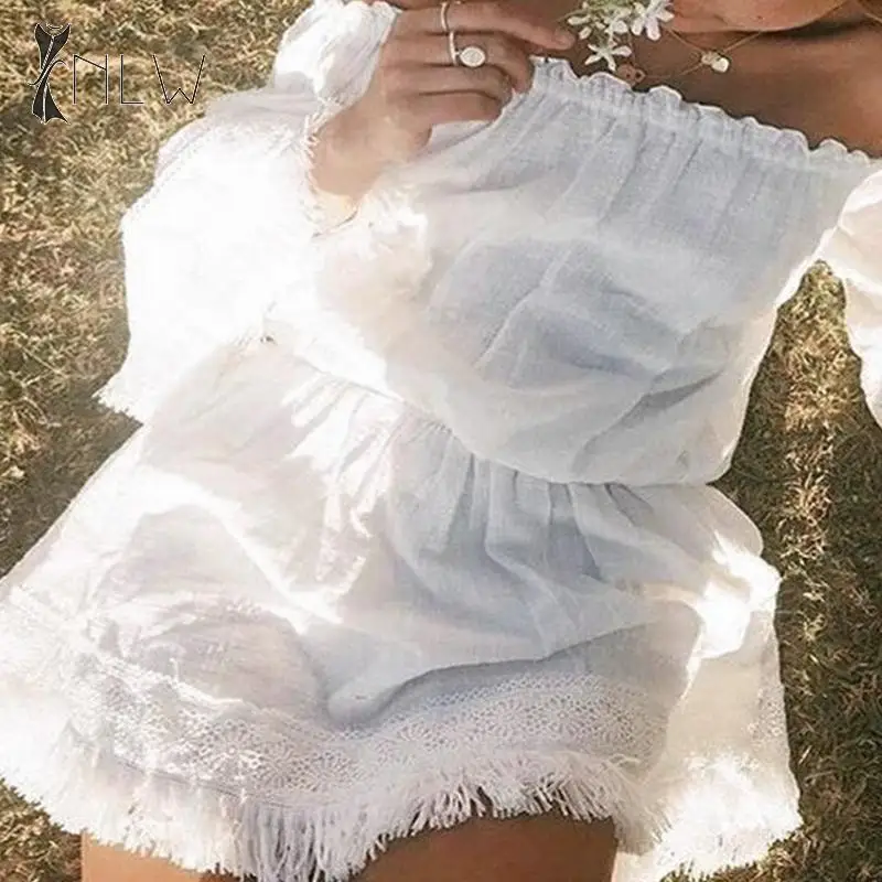 NLW белое кружевное платье с открытыми плечами 2019 женское осенне зимнее короткое