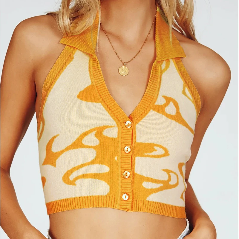 

Aesthetics Knitted Halter Tops Y2K Vintage Backless Button Up Crop Tops Women Summer Sleeveless Mini Vest Streetwear