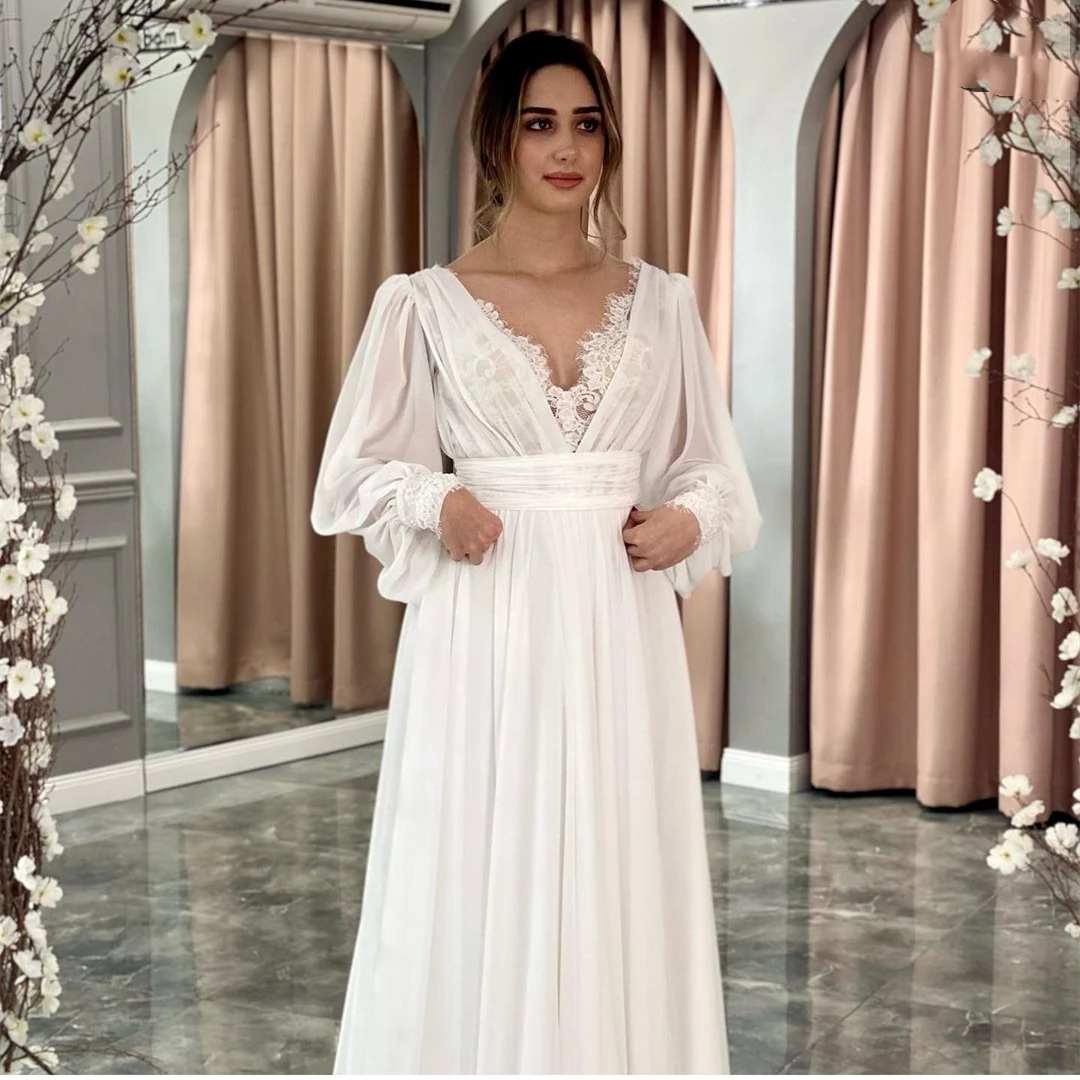 

Элегантные шифоновые Свадебные платья с V-образным вырезом и кружевом, а-силуэт, длинные женские свадебные платья до пола