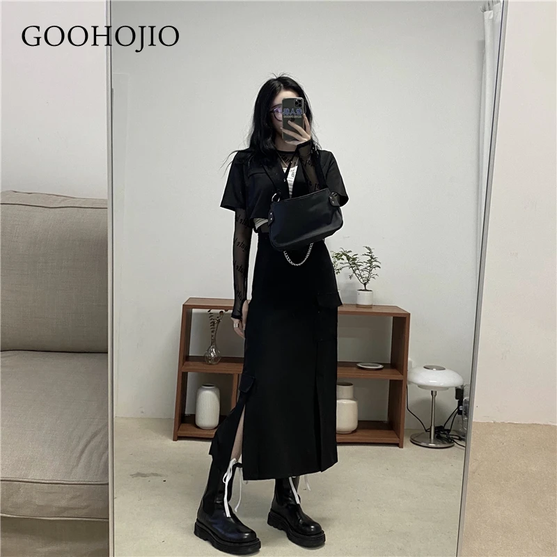 

GOOHOJIO 2021 New Spring and Autumn Straight Skirt Women All-match Chic Fashionable Women Skirts High Street Hip Skirt for Women
