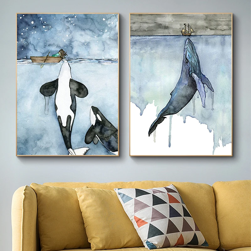 

Orca Watercolor Oil Canvas Painting Whale Seascape on The Wall Art Posters and Prints Wall Art Picture for Living Room No Frame