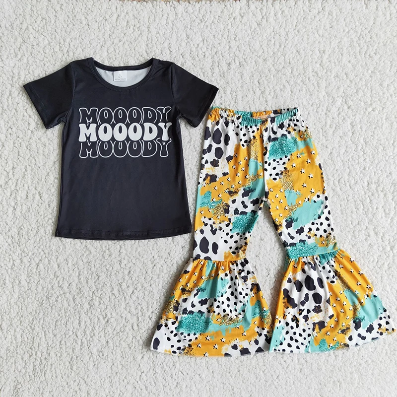 

Wholesale Kid Spring Children Outfits Baby Girl Clothes Set Black Moody Top Toddler Colorful Cow Print Bells Pants Infant Outfit