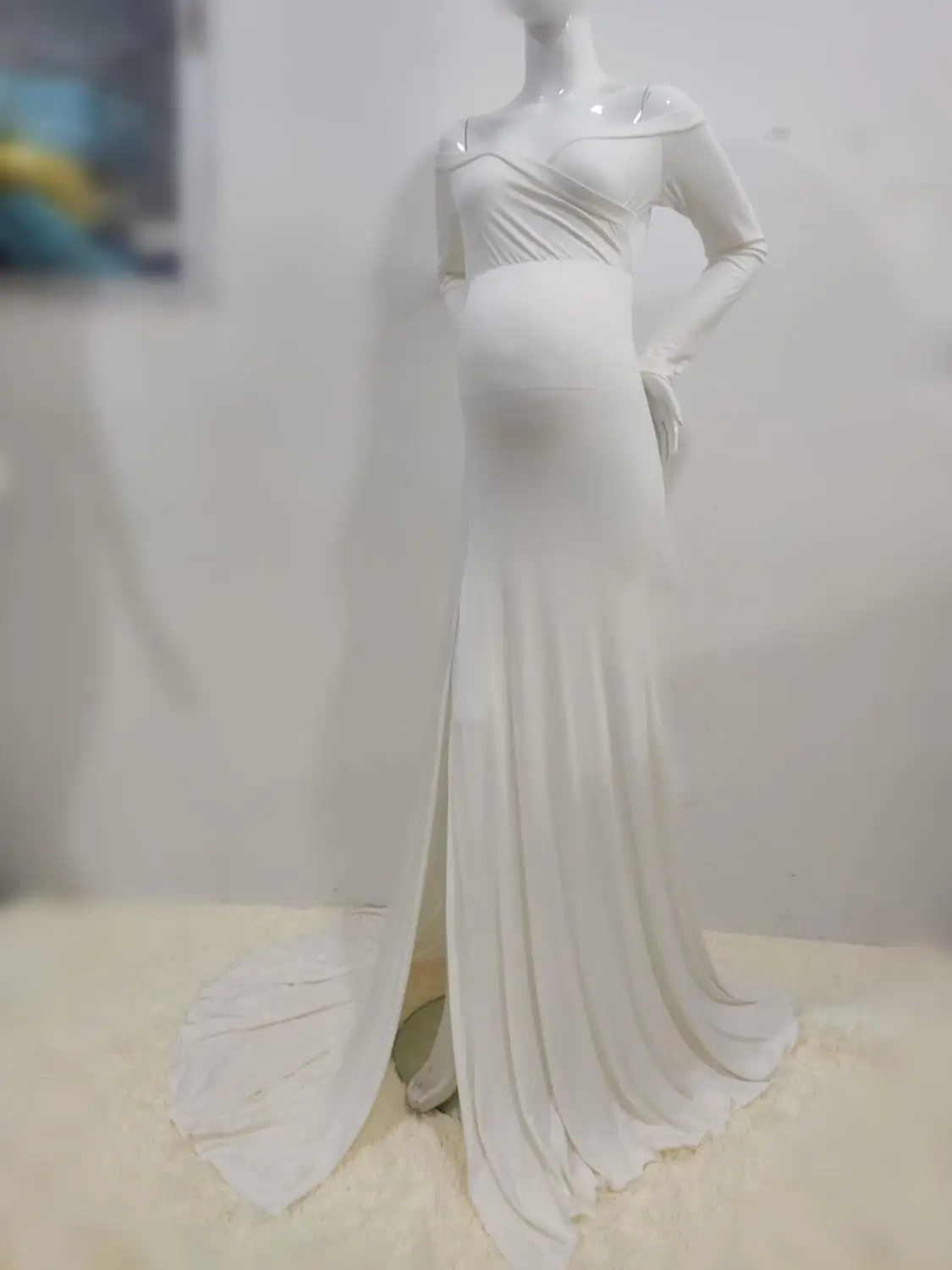 

Shoulderless Maternity Dresses Photography Props Cotton Split Side Maxi Gown For Pregnant Women Long Pregnancy Dress Shoots