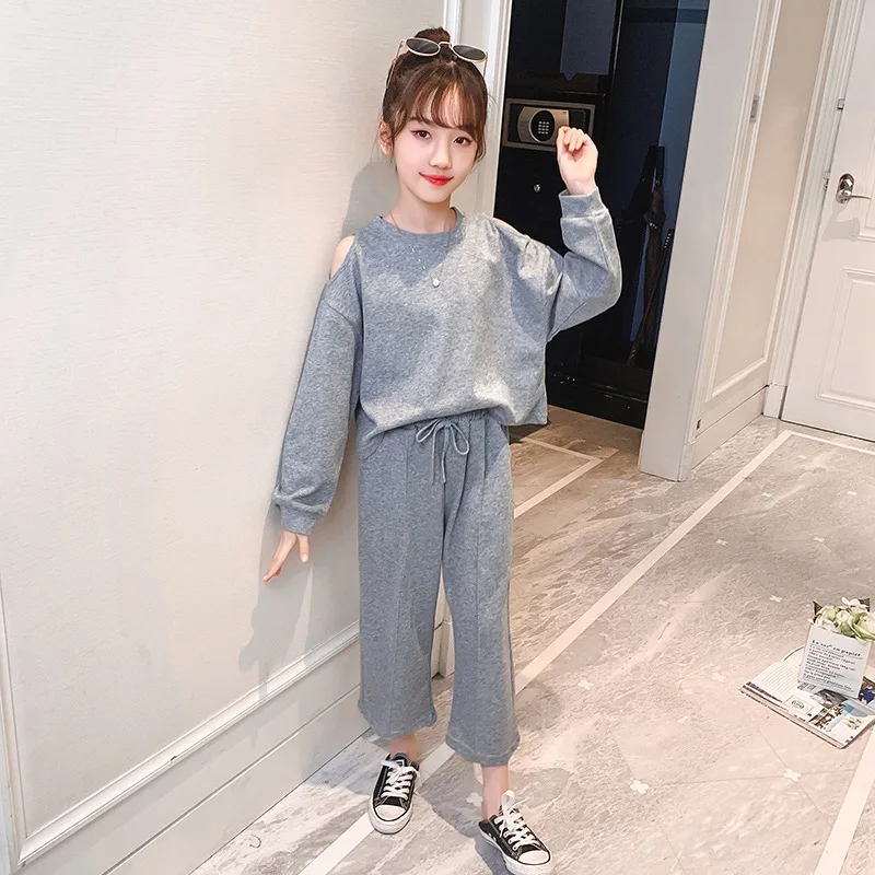 

Комплект детской одежды для девочек старшего возраста на весну-осень со спущенными плечами топы с длинными рукавами + широкие штаны, компле...