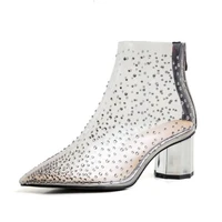 2020 spring new arrivals transparent pvc booties studded pointed toe medium block heel zipper crystal shoes fashion heel 5 cm