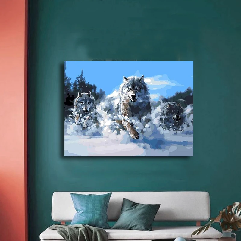 Масляная краска по номерам с изображением волков скакающих на снегу | Дом и сад