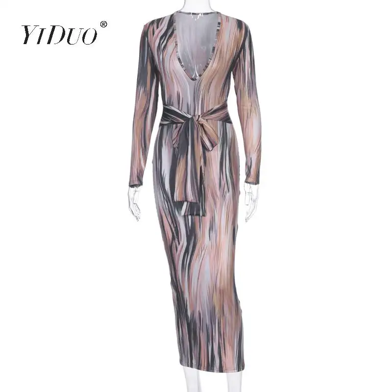 

YiDuo Tie Dye Print Fashion 2019 Sexy V-Neck Dresses Slim Women Bodycon Winter Maxi Dress Long Sleeve Sashes Vestidos Casual