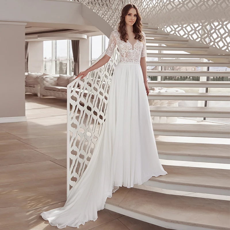 

9598 # простые шифоновые Свадебные платья с коротким рукавом 2021 с V-образным вырезом и кружевной аппликацией белые цвета слоновой кости свадеб...