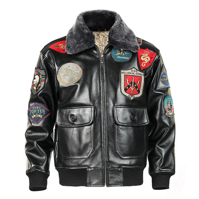 

2021 Blakc MenTop Gun Real Leather Pilot Jacket Plus Size 3XL Wool Collar Genuine Cowhide Military Aviation Natural Coat