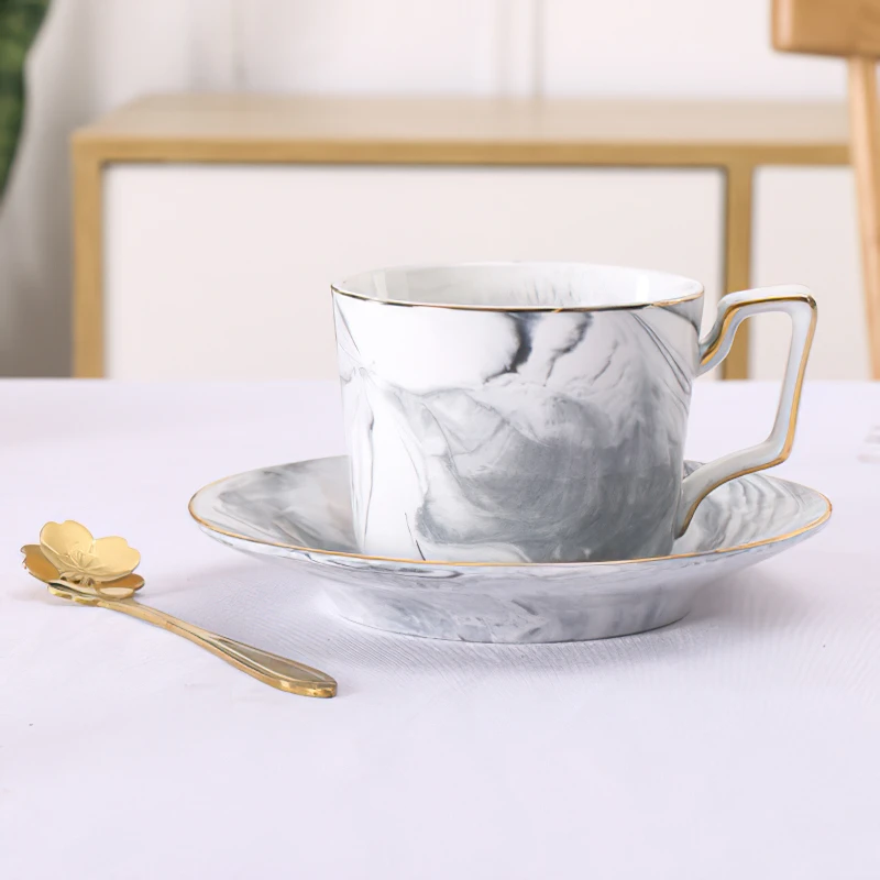 

Nordic Ceramic Coffee Tea Cup Grey Marbled Mug Drinkware Bar Decoration Household Kitchen Supplies Cup and Saucer with Spoon