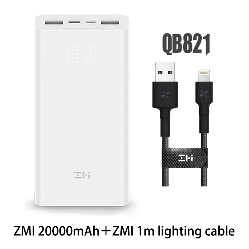add lightning cable Z mi power bank, power Bank, 20000 мА/ч, быстрая зарядка QC3.0, Xiao mi, батарея, двойной USB, 27 Вт, 20000 мА/ч, QB822, для iPhone, iPad, ноутбука - Цвет: add lightning cable