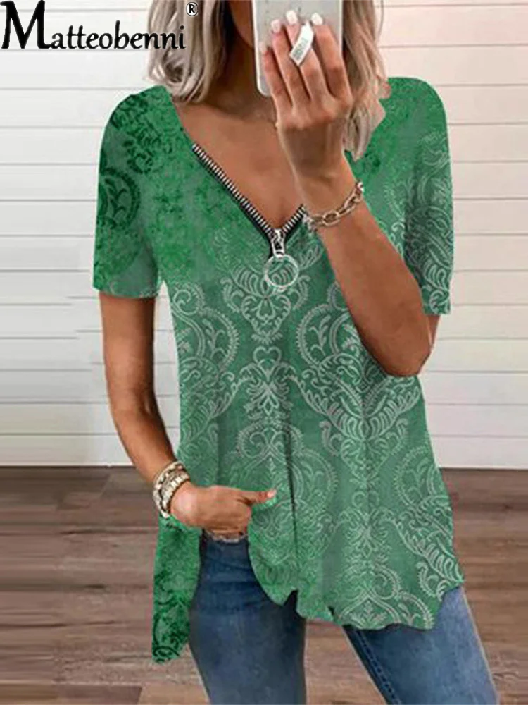 

Fashion Women Summer Leopard Geometry Print T-Shirts For Streetwear Zipper Decor V-Neck Short Sleeve Casual Loose Pullovers Tops
