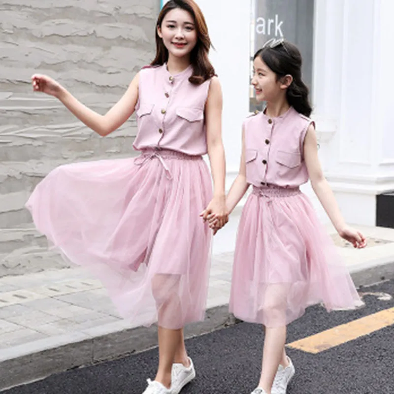 Mother Daughter Mesh Shirt Skirt Set Summer Sleeveless Mommy and Me Family Dress Matching Clothes Look Outfits | Мать и ребенок