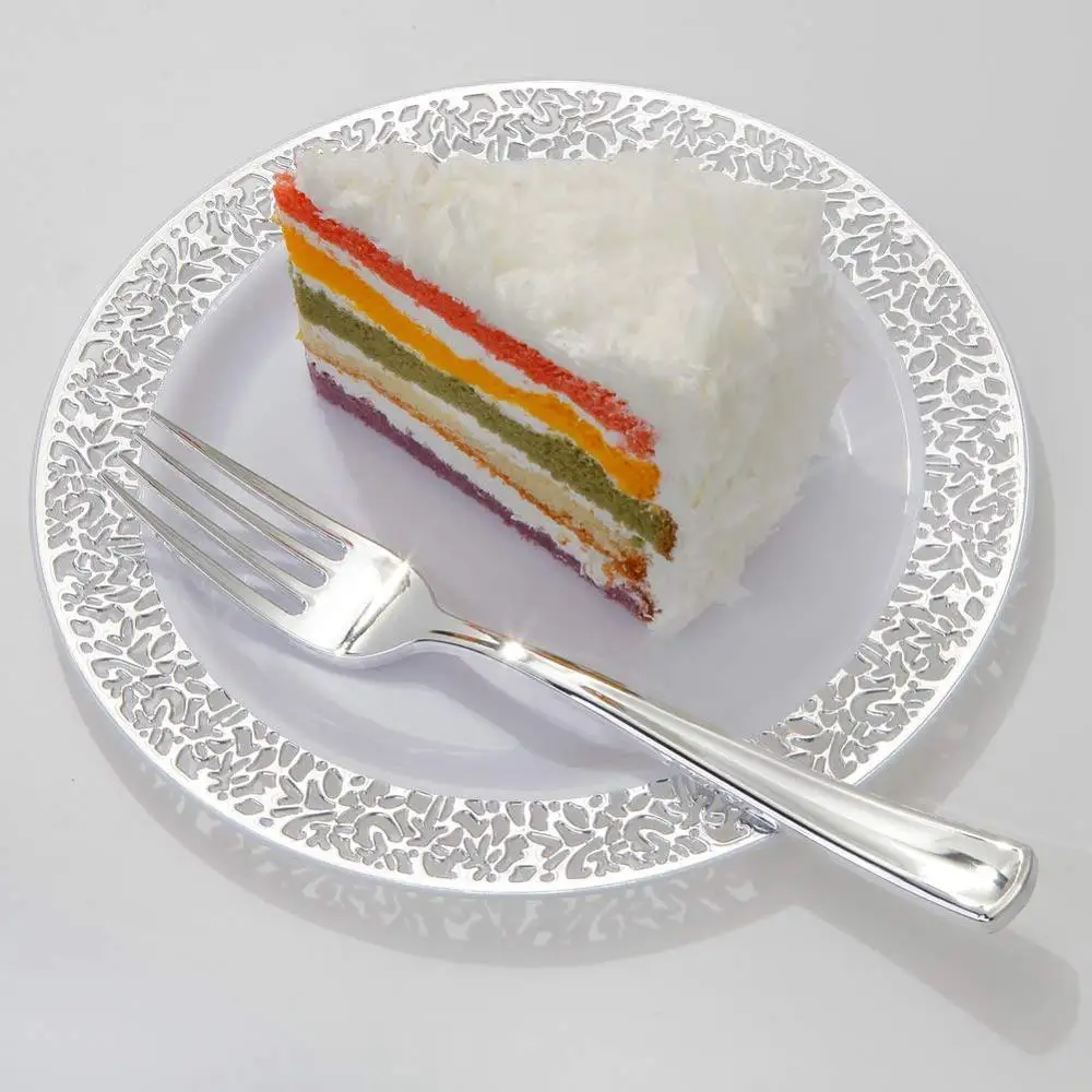 25 шт. Серебристые десертные тарелки с одноразовыми вилками набор кружевных