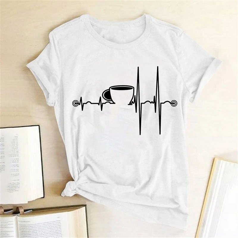 Футболка женская с принтом сердцебиения ЭКГ коротким рукавом чашки кофе в стиле