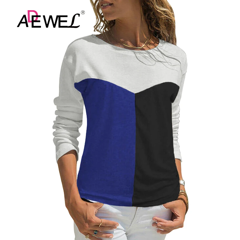 

ADEWEL Black Color Block Splicing O Neck Long Sleeve Woman Tshirts Ropa Mujer Plus Size Tops Camisetas Mujer Kobiety Bluzki 2XL