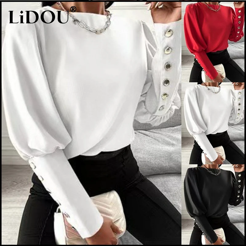 

2022 New Year Aesthetic Elegant Solid Chiffon Shirt Women Fashion Slim Vintage Long Sleeved Blouses Office Lady Tops Pullovers