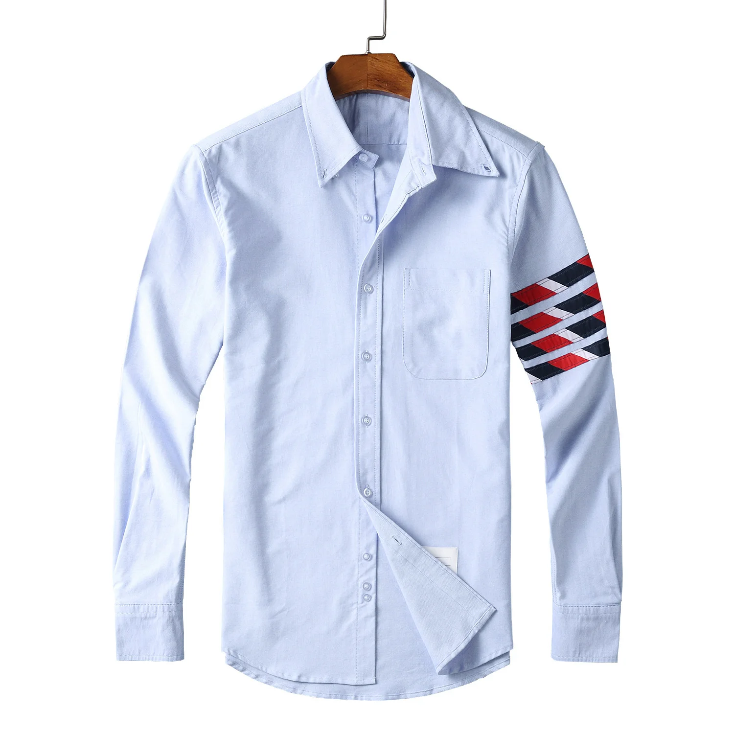 

TB 2021 Fashion THOM Brand Shirts Men Slim Blue Striped Long Sleeve Casual Shirt Turn Down Collar Oxford Solid Men's Clothing