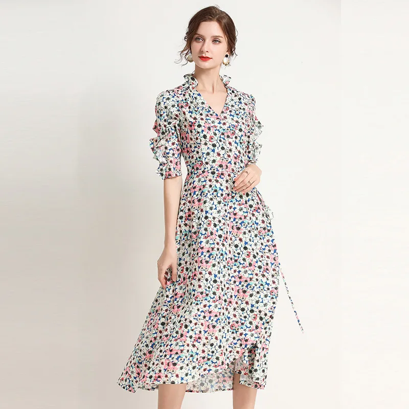

2020 Vintage Summer V Neck Short Sleeve Slim Ladies Medium Long Irregularity Dress Fashion Women Floral Printed Plus Size Dress