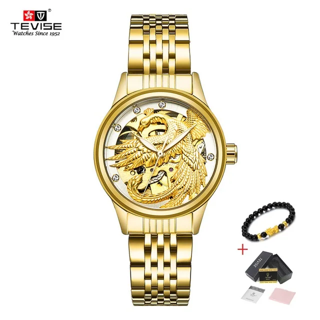 White Gold TEVISE люксовый бренд модные женские часы Феникс светящиеся часы женские s Сталь золотой браслет автоматические механические Женские часы - Цвет: White Gold