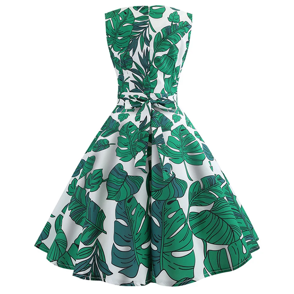 Летнее винтажное платье без рукавов с принтом тропических листьев зеленое в