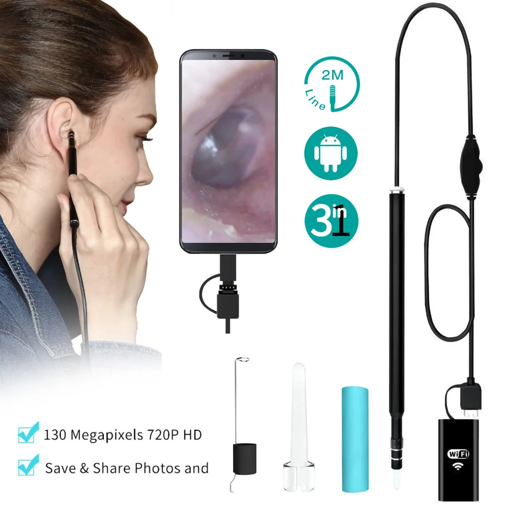 Беспроводной отоскоп для чистки ушей 5 мм Wi-Fi HD 720P камера 3 в 1 USB эндоскоп