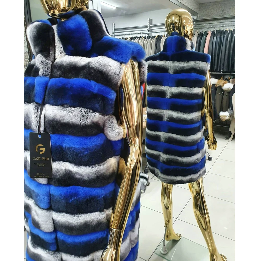 Mid-length Women Rex Rabbit Fur Vest Stand Collar Winter Fashion Color Patchworm Natural Rex Rabbit Fur Coat Sleeveless Overcoat