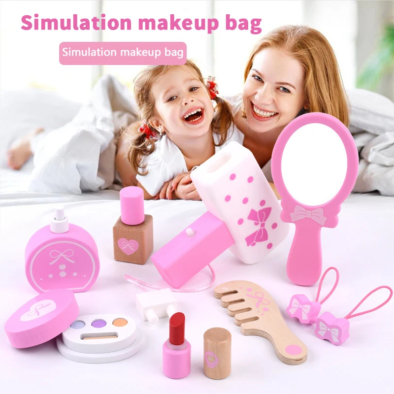 

Children Wooden Simulation Girl Makeup Cosmetic Bag Play House Princess Makeup Set Toy Interest Development Wooden Toys For Kids