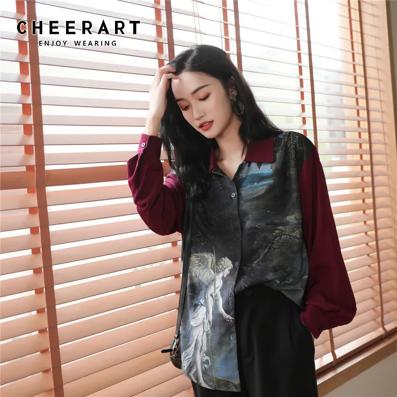 Cheerart винтажная рубашка с принтом ангела, женские топы с длинными рукавами и блузки, красная Лоскутная Блузка с укороченным передом и удлиненной спинкой, осенняя одежда