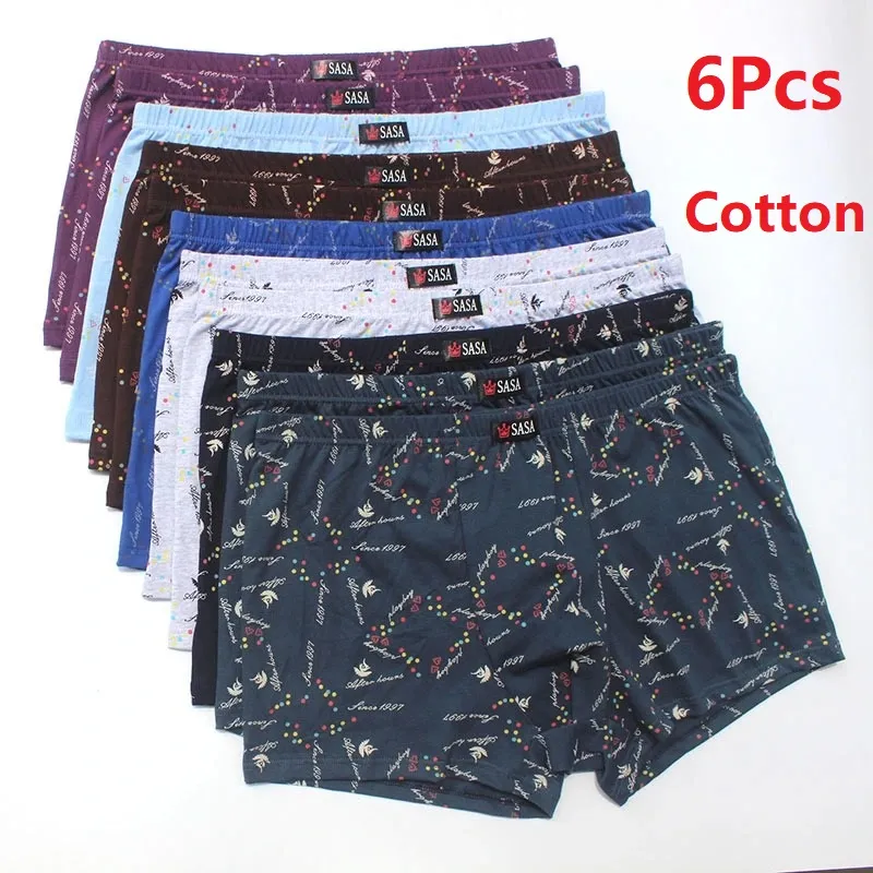 6Pcs/Lot Men'S Underwear Boxer Shorts Cotton Plus Size Loose Breathable Mid-Waist Print  Middle-Aged Men'S Shorts