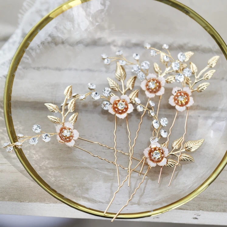 Ручной работы сусальное золото свадебные заколки для волос с цветочным узором