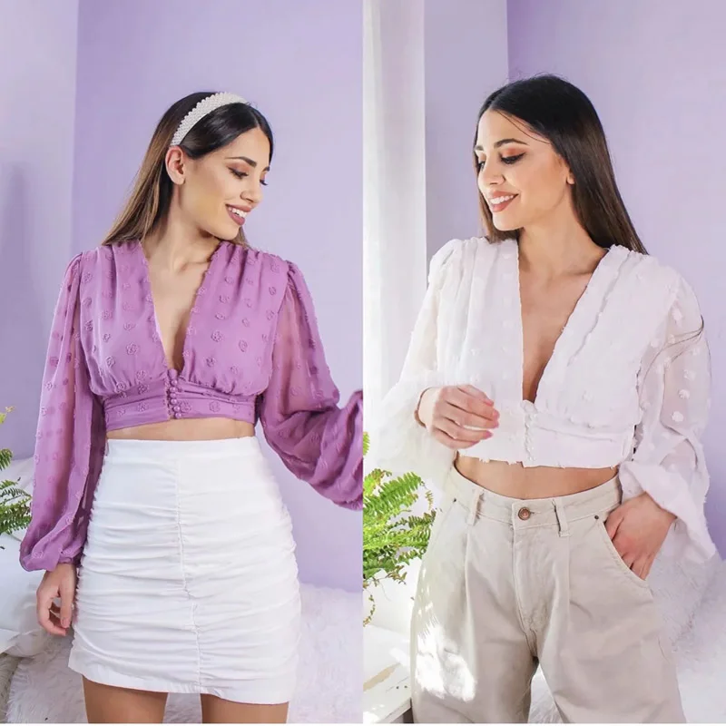

Fashion All-Match Puff Sleeve Top Deep V Dot Gauze Top