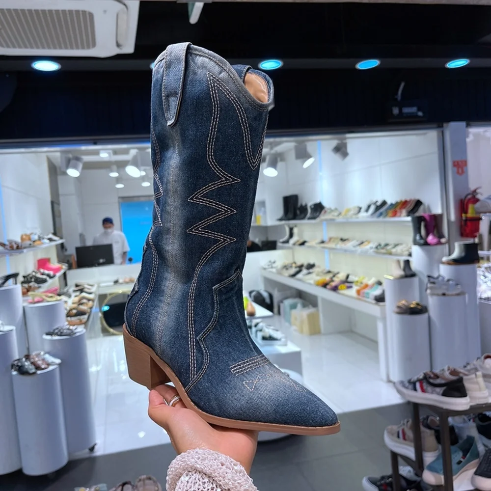 

OLOME Womens Pointed Toe Denim Jeans Mid Calf Boots Embrodiery Chunky Heel Chelsea Western Shoes Cowboy Pull On New